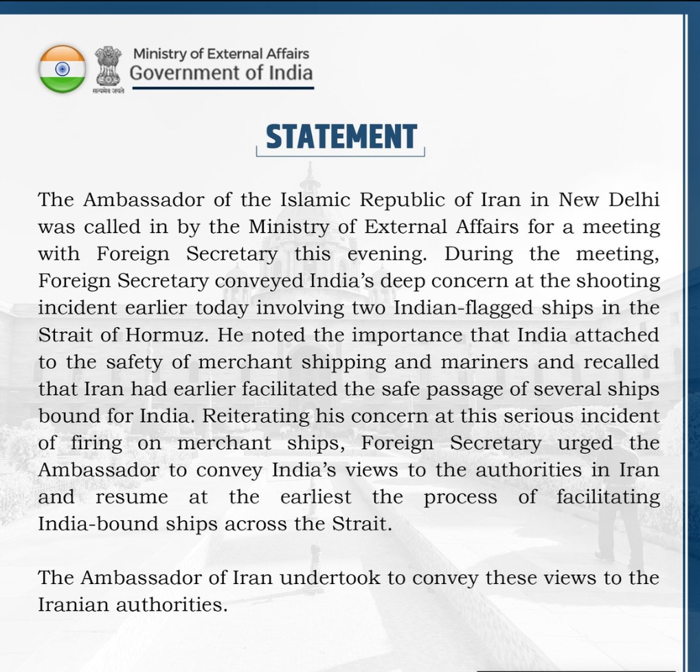 Thông báo của Bộ Ngoại giao Ấn Độ về vụ triệu tập Đại sứ Iran. Ảnh: Bộ Ngoại giao Ấn Độ.