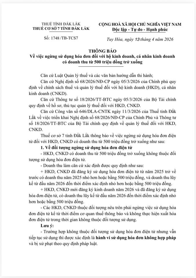 Thông báo từ cơ quan thuế cơ sở về việc ngừng sử dụng hoá đơn.