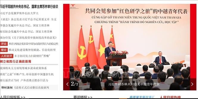 Mạng Nhân dân đưa tin về hai Tổng Bí thư, Chủ tịch nước tại buổi tiếp đại diện thanh niên Trung Quốc và Việt Nam tham gia “Hành trình nghiên cứu, học tập đỏ”. Ảnh: TTXVN 
