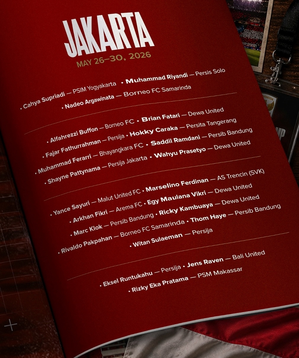 Danh sách 23 cầu thủ ĐT Indonesia trong đợt tập trung từ ngày 26 đến 30/5/2026. (Ảnh: Timnas Indonesia)