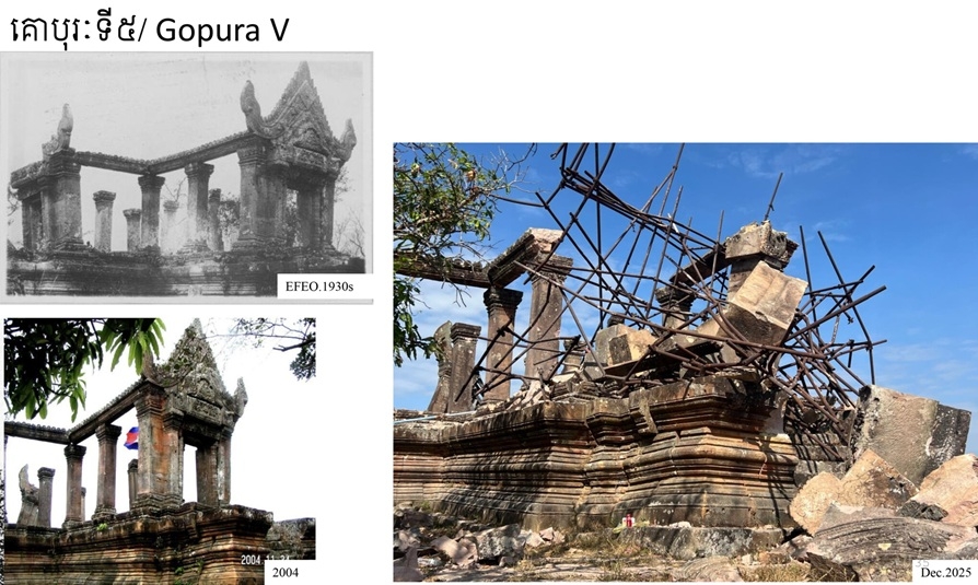 Đền Preah Vihear bị tàn phá sau cuộc xung đột. Ảnh: Bộ Văn hóa Campuchia