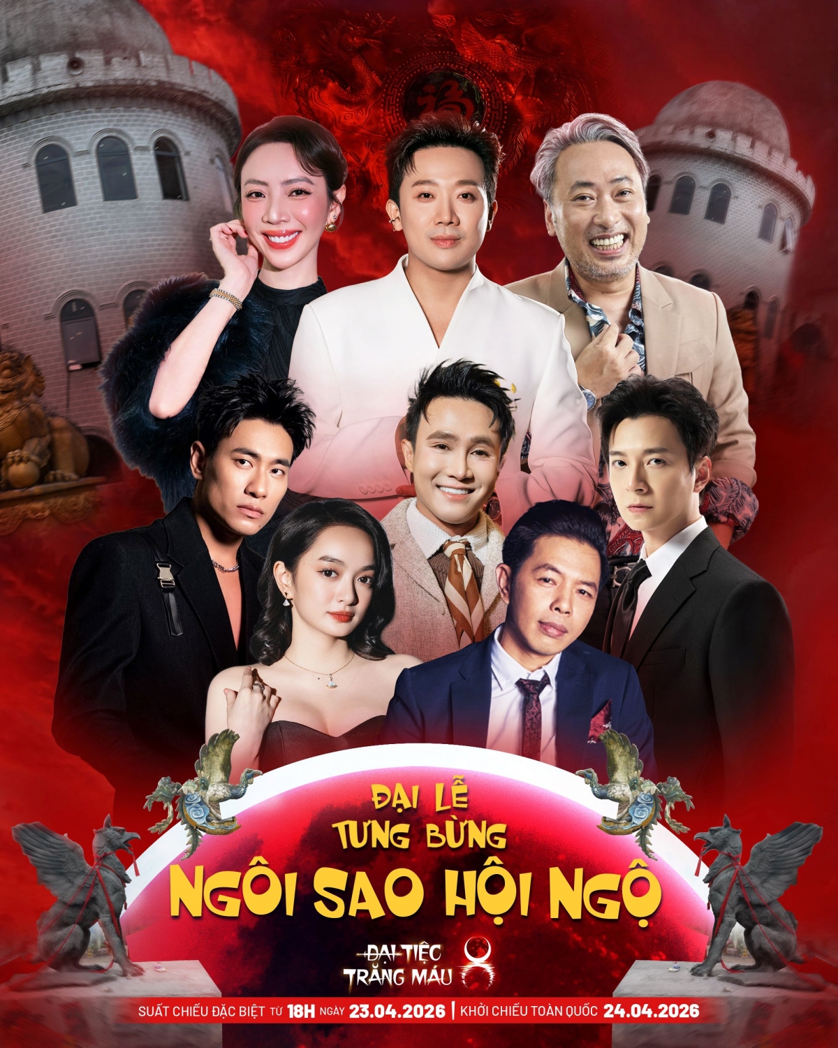 Dàn sao cameo gồm Trấn Thành, Huỳnh Lập xuất hiện trong phân đoạn hài hước của Đại tiệc trăng máu 8.