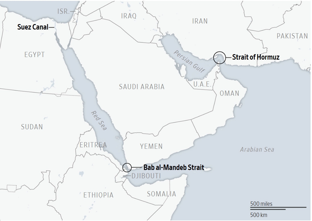 Vị trí eo biển Hormuz, eo biển Bab el-Mandeb và kênh đào Suez trên bản đồ.