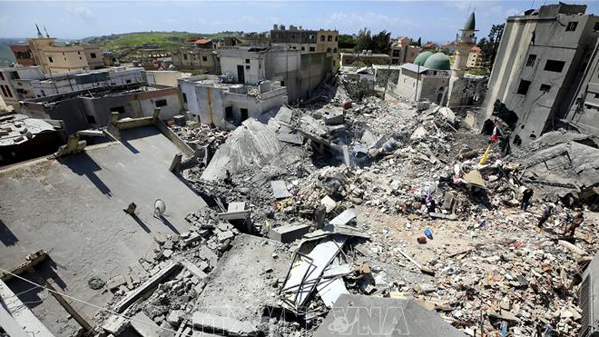 Tòa nhà bị phá hủy sau các đợt không kích của Israel xuống Zrariyeh, miền Nam Lebanon ngày 9/4/2026 - Ảnh: THX/TTXVN