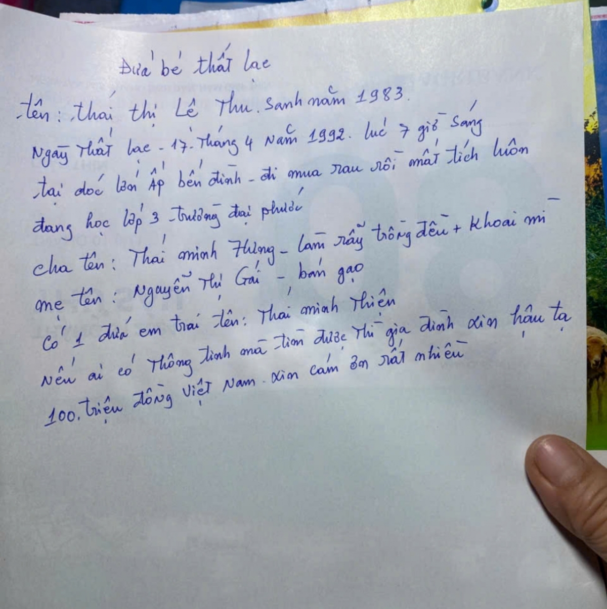 Gia đình bà Gái treo thưởng 100 triệu đồng cho ai cung cấp thông tin, giúp mình tìm được con gái đang mất tích