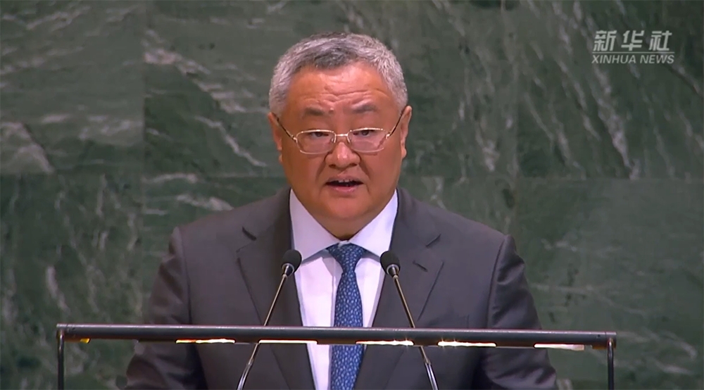 Ông Phó Thông, Đại diện Trung Quốc tại Liên hợp quốc phát biểu tại phiên họp. Ảnh chụp màn hình video của Tân Hoa Xã