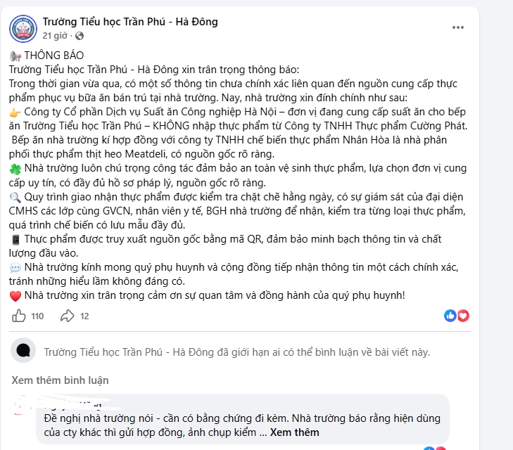 Bài đăng đính chính thông tin của Trường Tiểu học Trần Phú