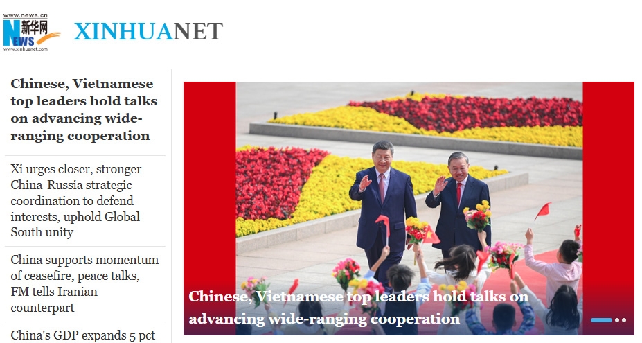 Tân hoa xã phiên bản tiếng Anh đưa tin về chuyến thăm Trung Quốc của Tổng Bí thư, Chủ tịch nước Tô Lâm. (Ảnh chụp màn hình)