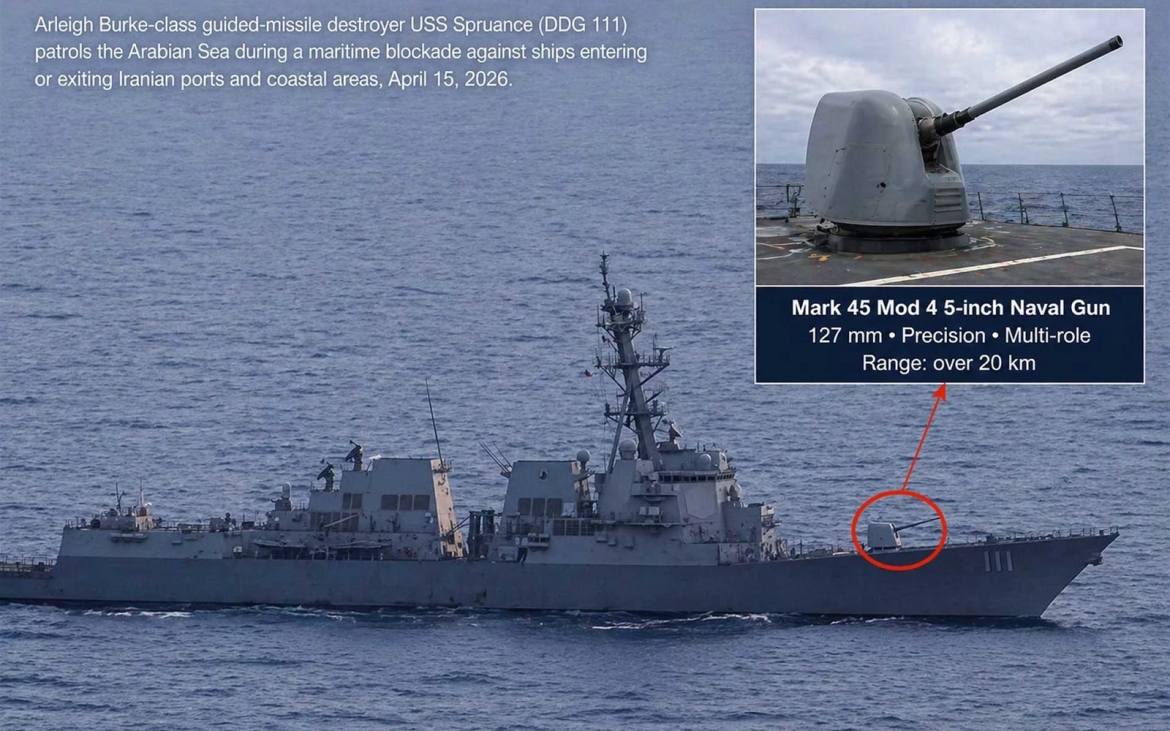 Chiến hạm USS Spruance (DDG-111) của hải quân Mỹ thực hiện hoạt động ngăn chặn trên biển ở Biển Arabia vào ngày 15/4, với hình ảnh phóng to của khẩu pháo hải quân Mark 45 Mod 4 127 mm được sử dụng để bắn chính xác nhằm vô hiệu hóa tàu trong vụ bắt giữ tàu container Touska treo cờ Iran. Ảnh: Bộ Quốc phòng Mỹ.