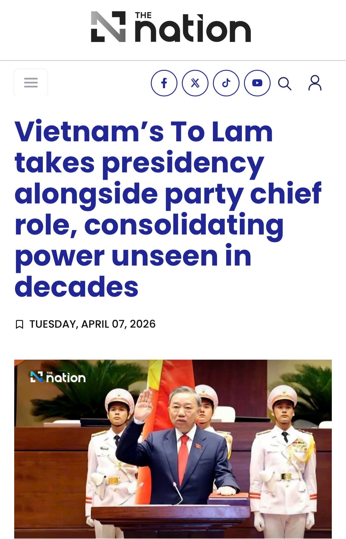 Bài viết trên trang báo The Nation của Thái Lan hôm 7/4/2026. Ảnh: screenshot