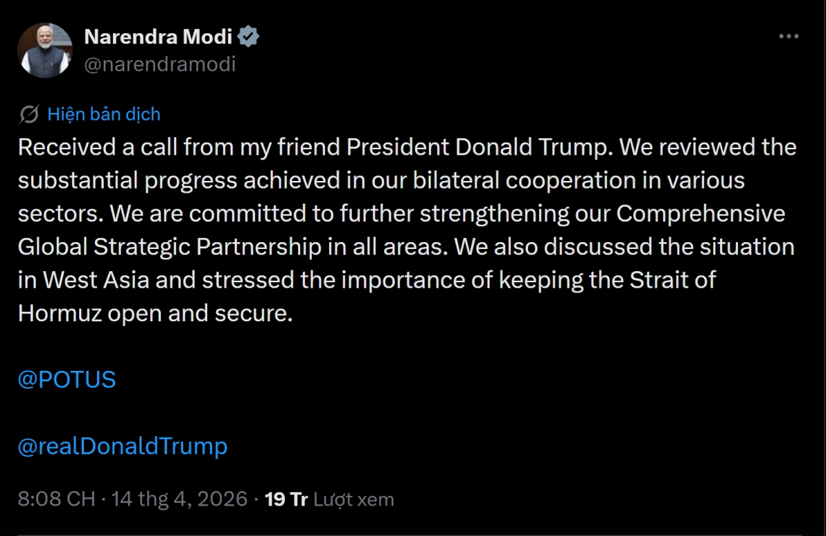 Bài đăng của Thủ tướng Ấn Độ Narendra Modi. Ảnh chụp màn hình