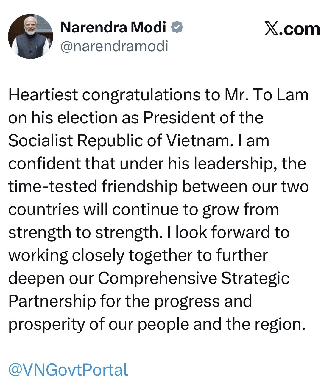 Thủ tướng Ấn Độ đăng dòng trạng thái chúc mừng. Ảnh chụp màn hình.