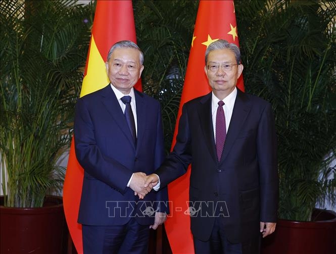 Tổng Bí thư, Chủ tịch nước Tô Lâm hội kiến Ủy viên trưởng Nhân đại toàn quốc Trung Quốc Triệu Lạc Tế. (Ảnh: TTXVN)