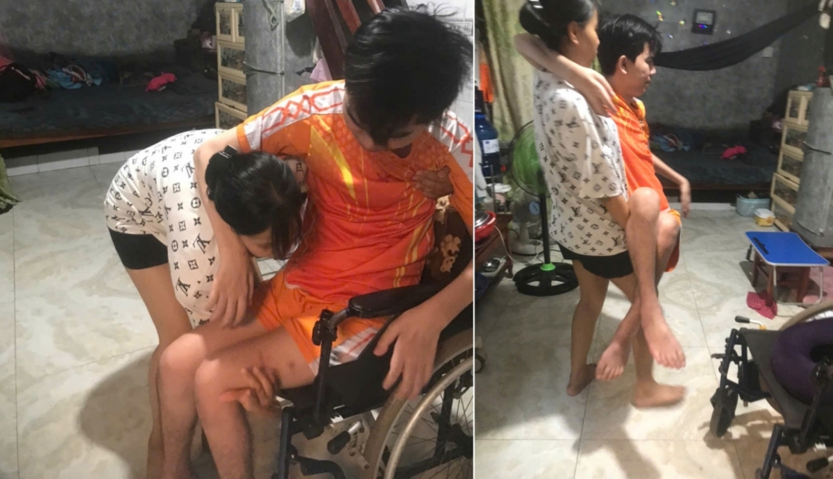 Gần 5 năm qua, chị Trân phải ẵm bồng chồng, hỗ trợ anh tập vật lý trị liệu