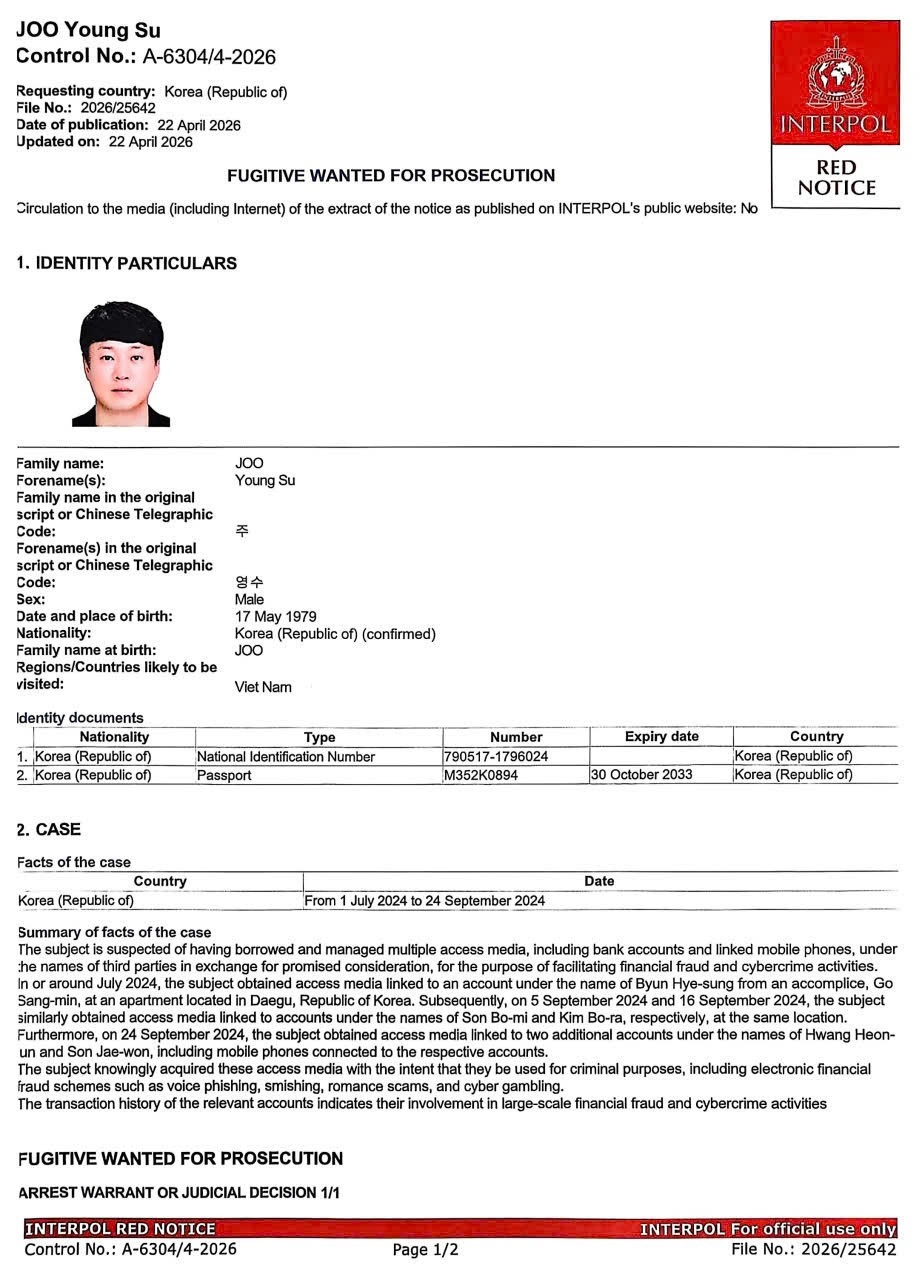 Lệnh truy nã đỏ vào ngày 22/4/2026 của Ban Tổng Thư ký Interpol.