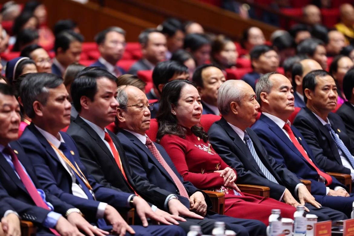 Tham dự bế mạc đại hội có ông Phan Diễn, nguyên Ủy viên Bộ Chính trị, nguyên Thường trực Ban Bí thư; ông Nguyễn Thiện Nhân, nguyên Ủy viên Bộ Chính trị, nguyên Chủ tịch Ủy ban Trung ương MTTQ Việt Nam; bà Võ Thị Ánh Xuân, Bí thư Trung ương Đảng, Phó Chủ tịch nước; ông Huỳnh Đảm, nguyên Ủy viên Trung ương Đảng, nguyên Chủ tịch Uỷ ban Trung ương MTTQ Việt Nam. Ảnh: TTXVN​​​​