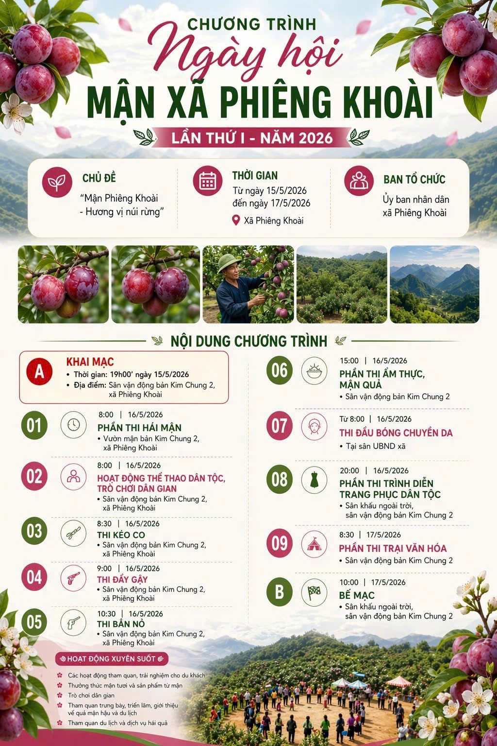 Ngày hội mận xã Phiêng Khoài năm 2026 được tổ chức với nhiều hoạt động đặc sắc