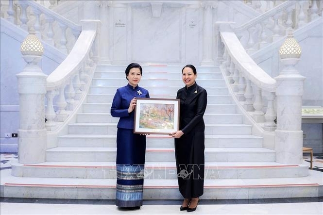 Phu nhân Ngô Phương Ly tặng một bức tranh phong cảnh Việt Nam cho Bảo tàng Dệt may Hoàng Thái hậu Sirikit.