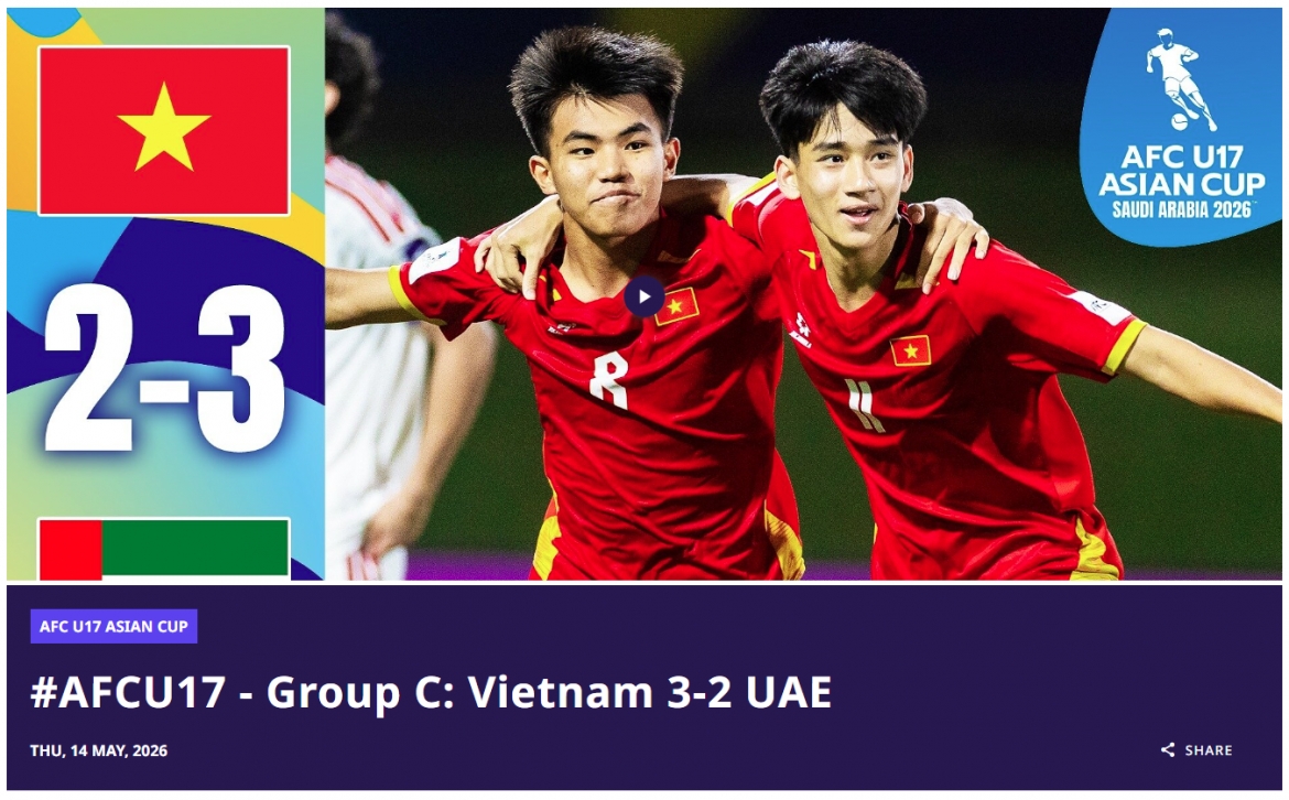 Trang chủ AFC đăng tải sai tỉ số trận đấu khi ghi nhận U17 Việt Nam thua 2-3 U17 UAE. (Ảnh: Chụp màn hình)