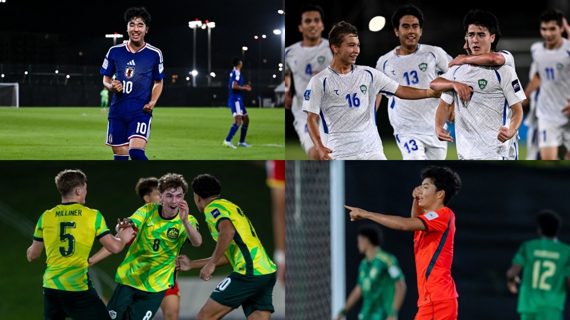 U17 Nhật Bản (áo xanh), U17 Uzbekistan (áo trắng), U17 Australia (áo vàng) và U17 Trung Quốc (áo đỏ) là 4 đội vào bán kết U17 châu Á 2026. (Ảnh: AFC)