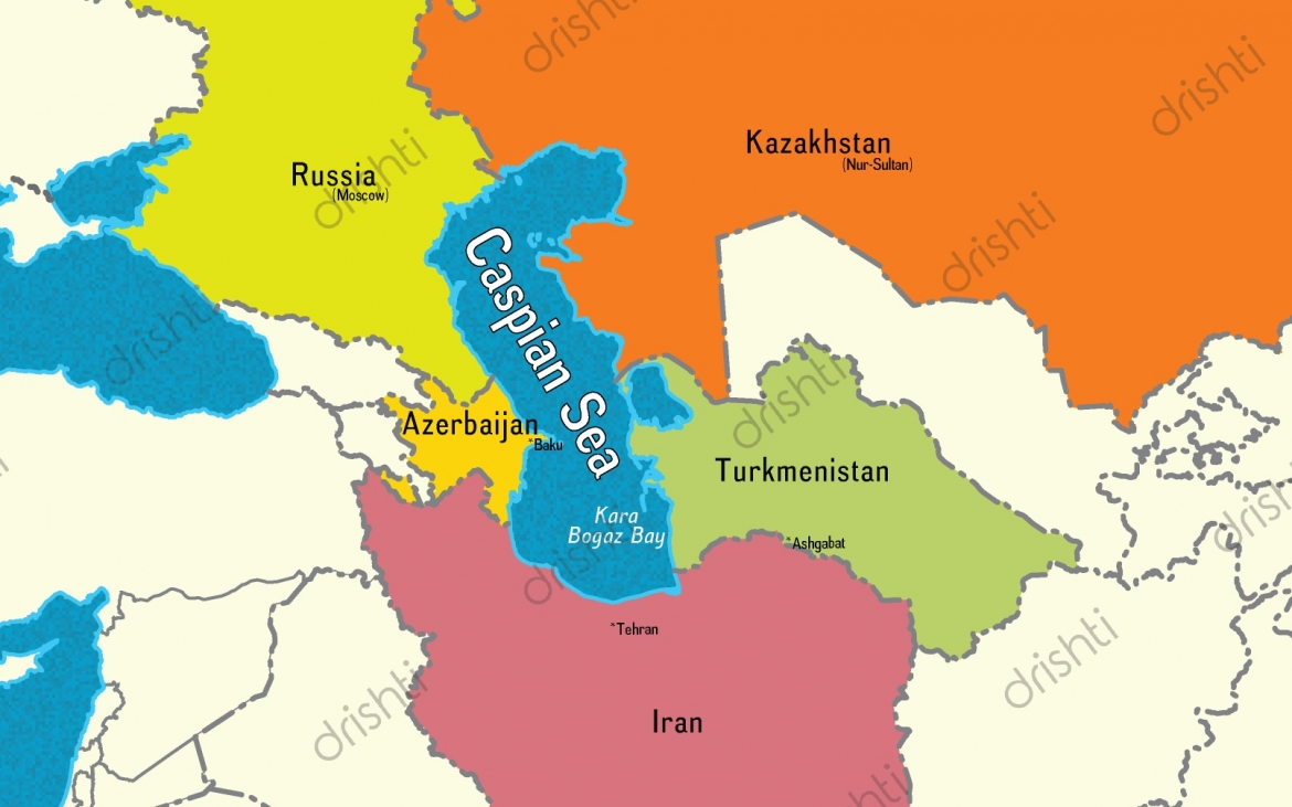 Biển Caspi nằm ở phía Bắc của Iran, kết nối nước này với 5 quốc gia khác. Đồ họa: Drishti IAS.