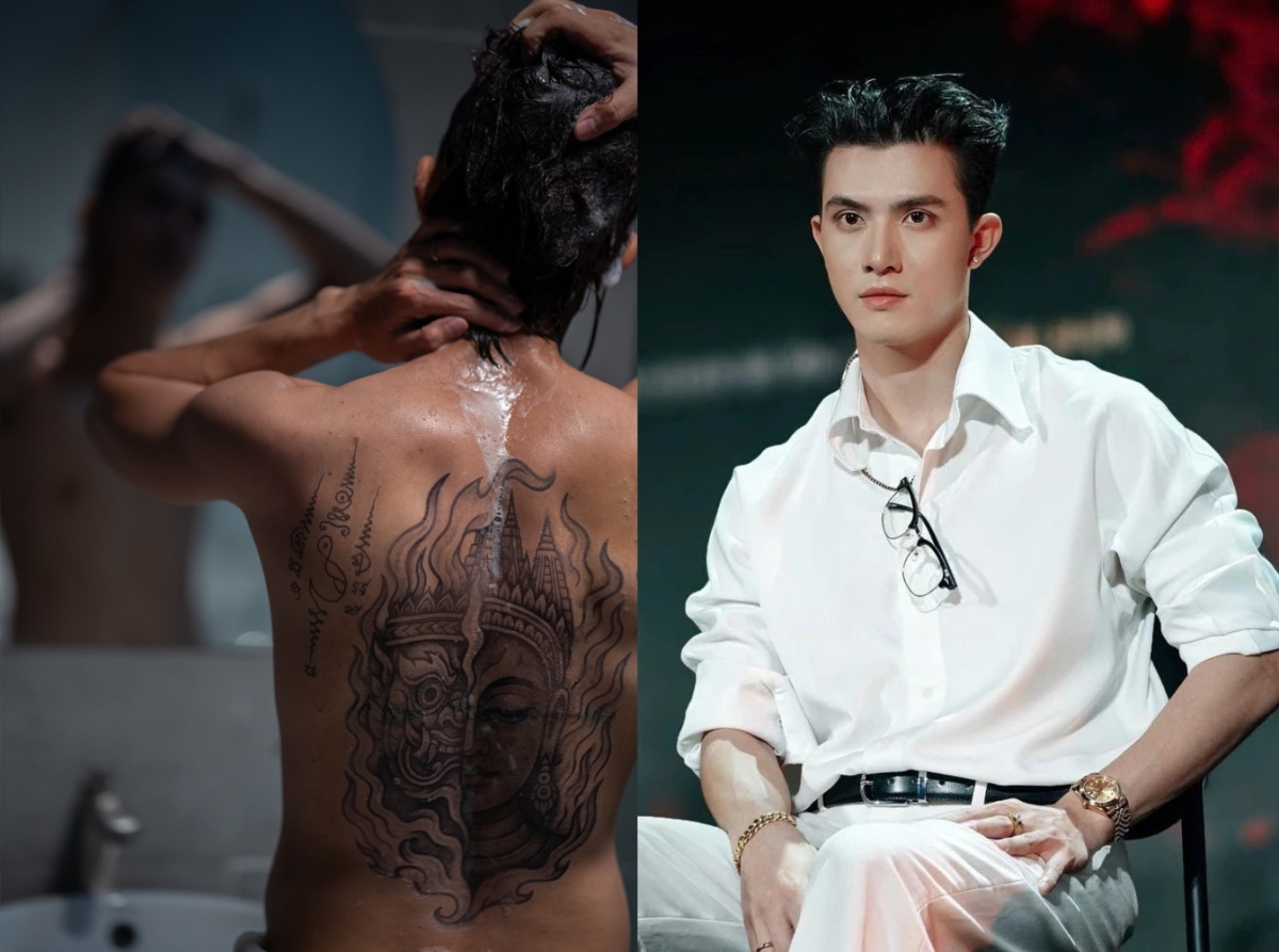 Trần Ngọc Vàng khoe trọn hình thể và phô diễn hình xăm lớn sau lưng. 