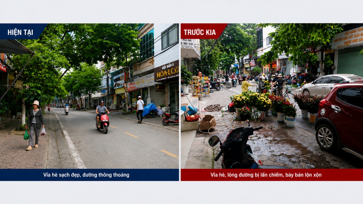 Diện mạo tuyến đường Hồng Hà (phường Lào Cai) trước và sau đợt cao điểm lập lại trật tự vỉa hè, lòng đường.
