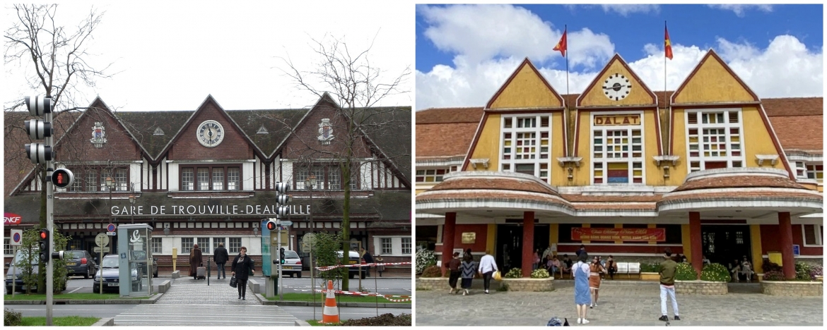 Nhà ga Trouville-Deauville tại Pháp (trái) và ga Đà Lạt tại Việt Nam (phải)