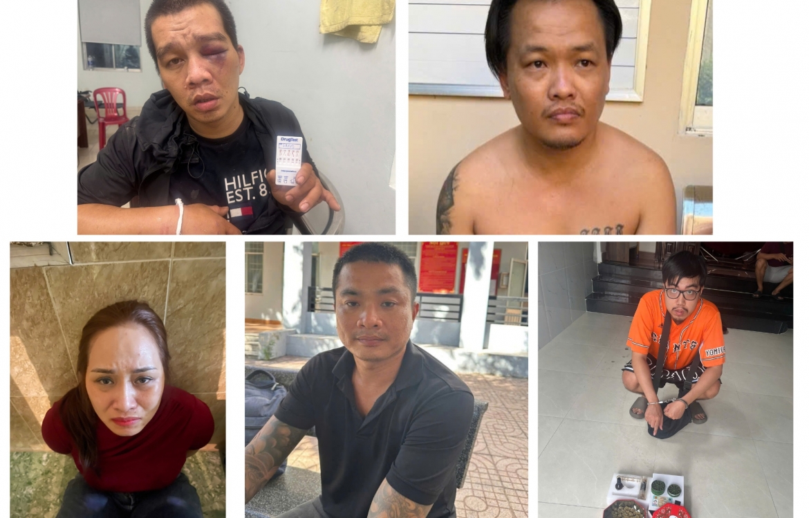 Các đối tượng (từ trái sang phải): Võ Văn Sang, Trần Nguyễn Đức Thọ (tức Bi Thọ), Vũ Thị Ngọc Huyền, Mai Quốc Dũng (tức Dũng Hồng Công) và Trần Hoàng Phúc. Ảnh: CACC