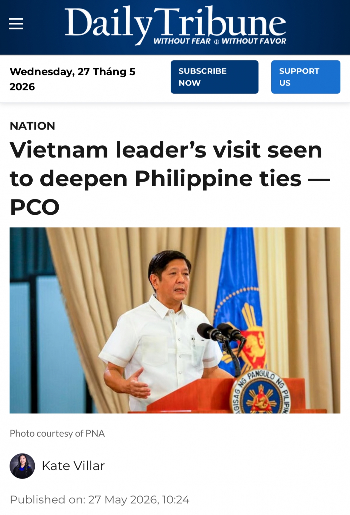 Tờ tribune.net.ph cho rằng chuyến thăm của Tổng bí thư, Chủ tịch nước Tô Lâm sẽ giúp thúc đẩy hơn nữa mối quan hệ song phương