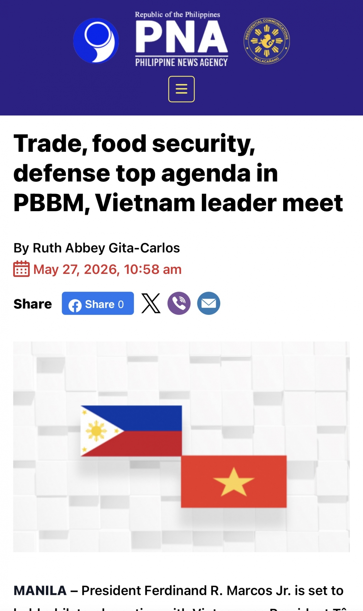 Thông tấn xã Philippines nêu những vấn đề ưu tiên trọng tâm trong chuyến thăm của Tổng bí thư, Chủ tịch nước Tô Lâm