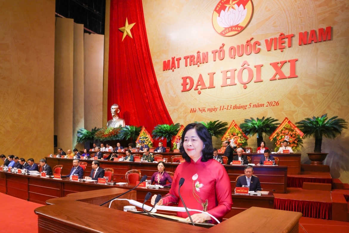 Chủ tịch Ủy ban Trung ương Mặt trận Tổ quốc Việt Nam khoá X Bùi Thị Minh Hoài phát biểu khai mạc Đại hội. (Ảnh: Lê Khánh)