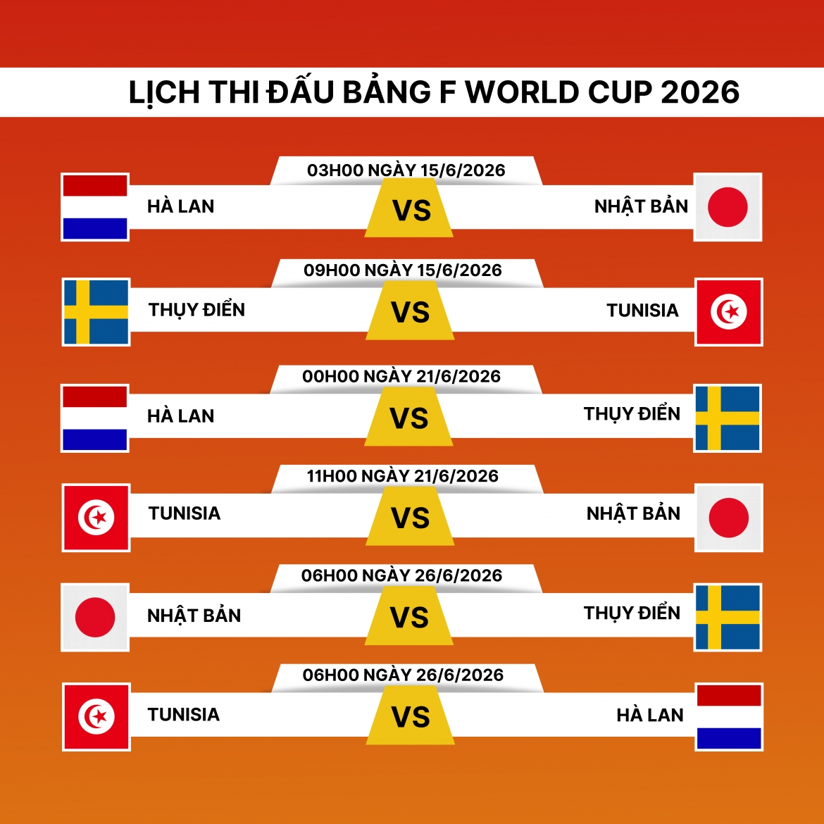 Lịch thi đấu bảng F World Cup 2026.