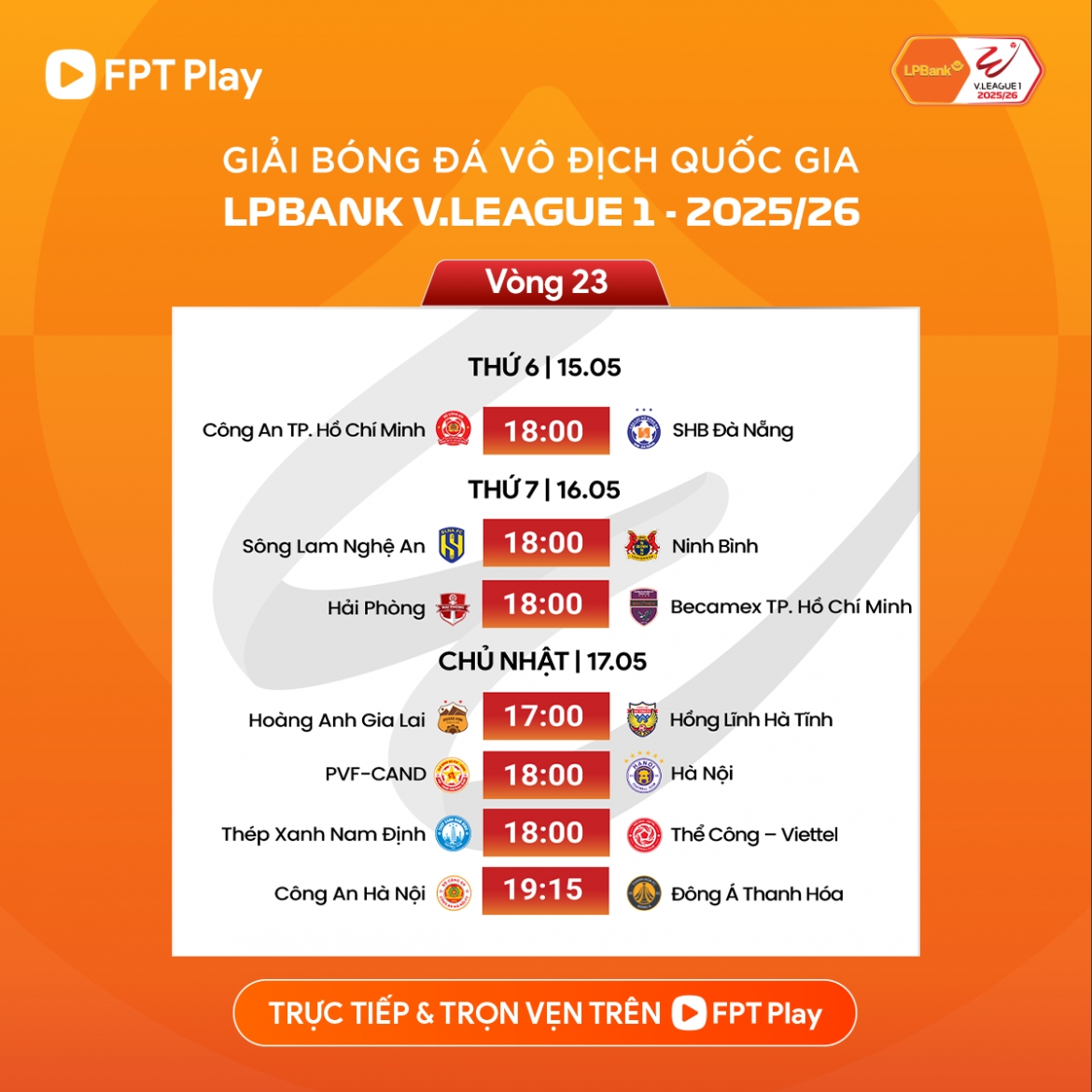 Lịch thi đấu vòng 23 V-League 2025/2026.