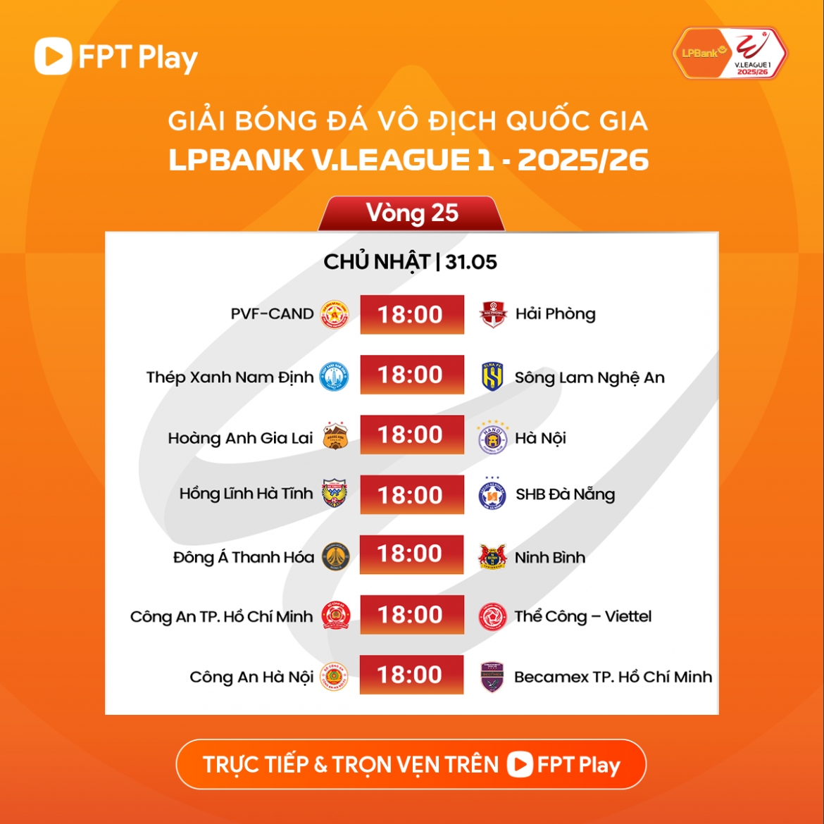 Lịch thi đấu vòng 25 V-League 2025/2026