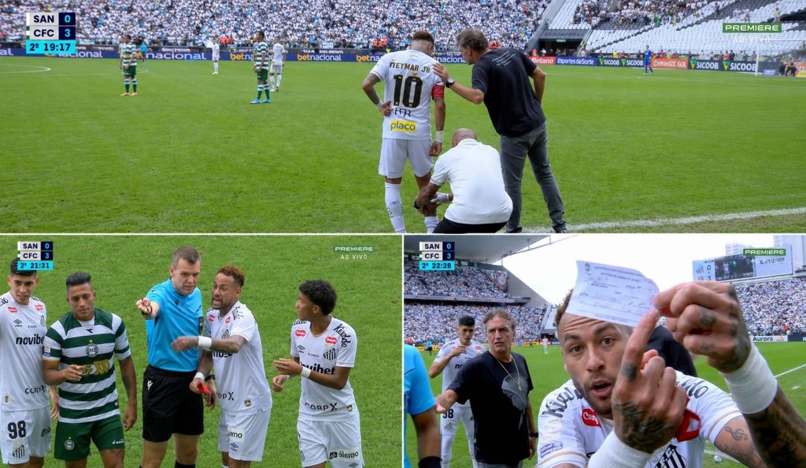 Neymar bất lực cầm tờ phiếu đăng ký thay người và vẫy trước ống kính