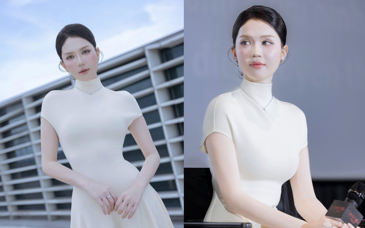 Ngọc Trinh xuất hiện tại họp báo ra mắt phim với vẻ ngoài trẻ trung, dễ thương, thu hút ống kính.