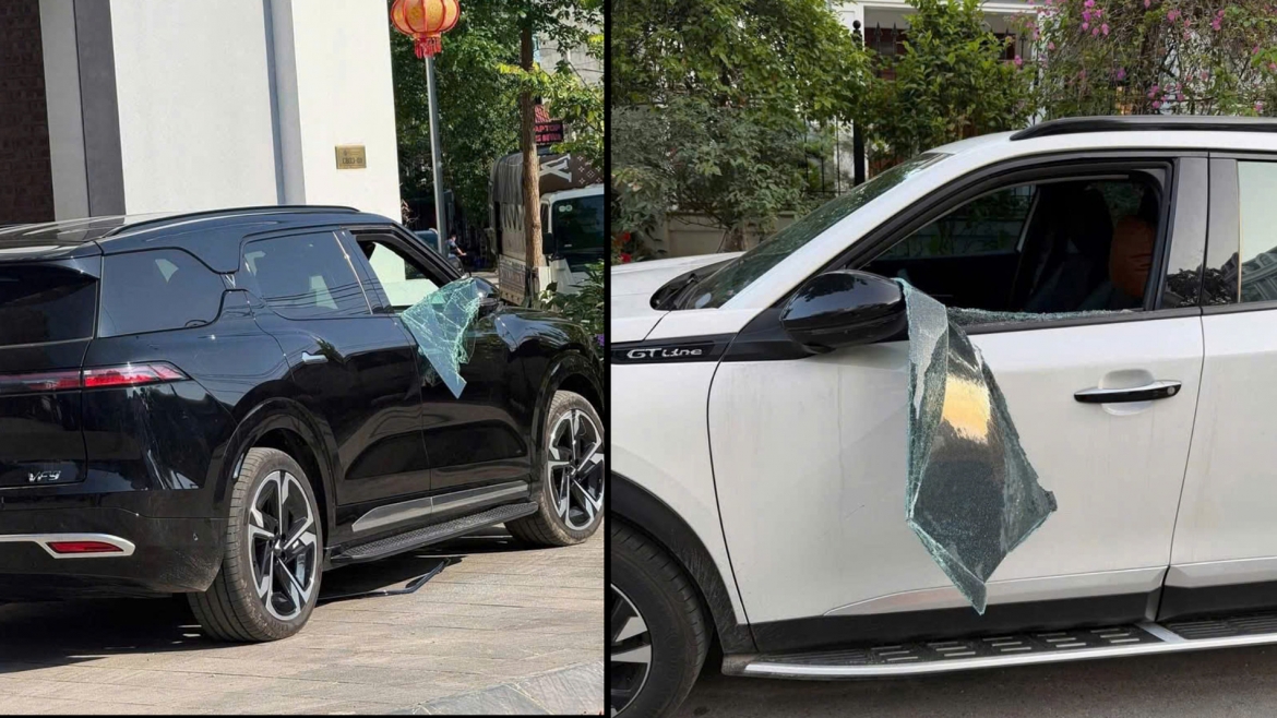 Hiện trường 2 chiếc xe ô tô bị các đối tượng đập vỡ cửa kính để trộm cắp tài sản.