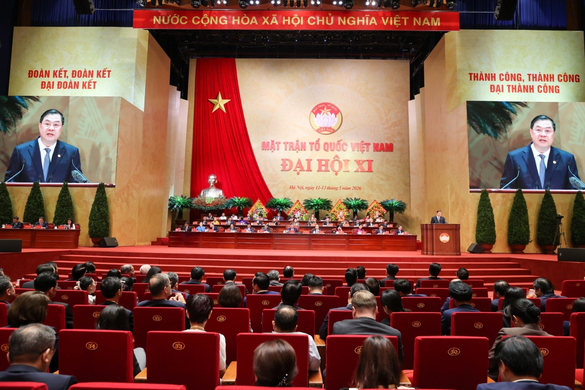 Phó Thủ tướng Thường trực Chính phủ Phạm Gia Túc phát biểu về tình hình phát triển kinh tế - xã hội của đất nước và công tác phối hợp giữa Chính phủ và Ủy ban Trung ương Mặt trận Tổ quốc Việt Nam tại phiên khai mạc Đại hội đại biểu toàn quốc Mặt trận Tổ quốc Việt Nam lần thứ XI, nhiệm kỳ 2026-2031. (Ảnh: VGP/Nhật Bắc)