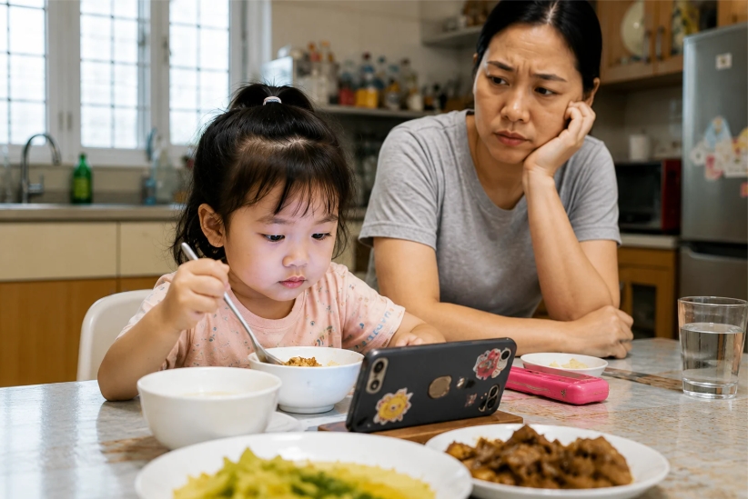 Việc để trẻ nhỏ vừa ăn vừa xem điện thoại lâu ngày có thể hình thành thói quen lệ thuộc, ảnh hưởng đến tiêu hóa, giao tiếp và sự phát triển cảm xúc - xã hội (Ảnh: ChatGPT)