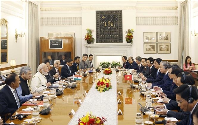 Tổng Bí thư, Chủ tịch nước Tô Lâm hội đàm với Thủ tướng Ấn Độ Narendra Modi. Ảnh: Thống Nhất/TTXVN