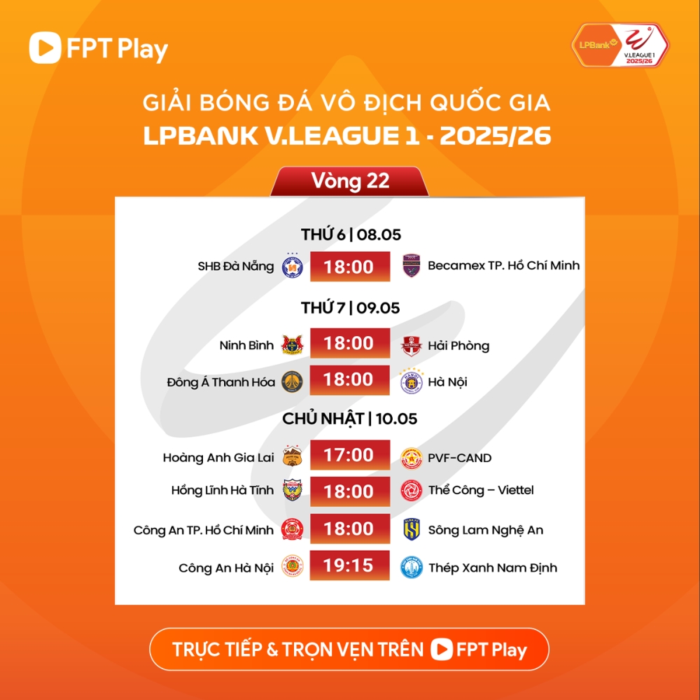 Theo lịch thi đấu vòng 22 V-League 2025/2026.