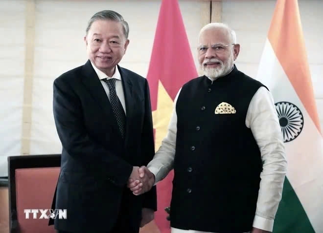 Tổng Bí thư, Chủ tịch nước Tô Lâm và Thủ tướng Ấn Độ Narendra Modi. (Ảnh: Thanh Tuấn/TTXVN)