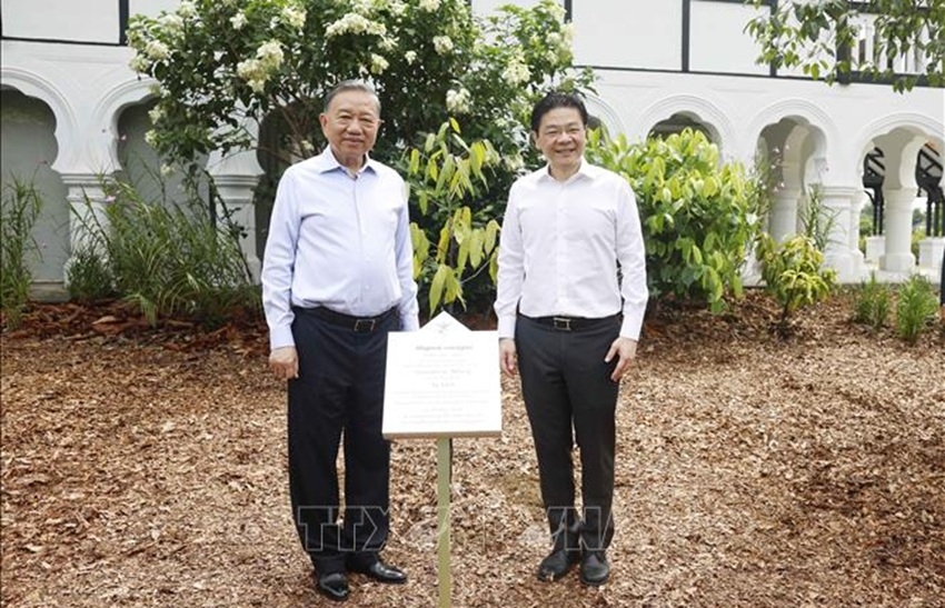Tổng Bí thư, Chủ tịch nước Tô Lâm và Thủ tướng Singapore Lawrence Wong dự lễ trồng cây kỷ niệm tại Vườn Bách thảo Singapore. Ảnh: TTXVN