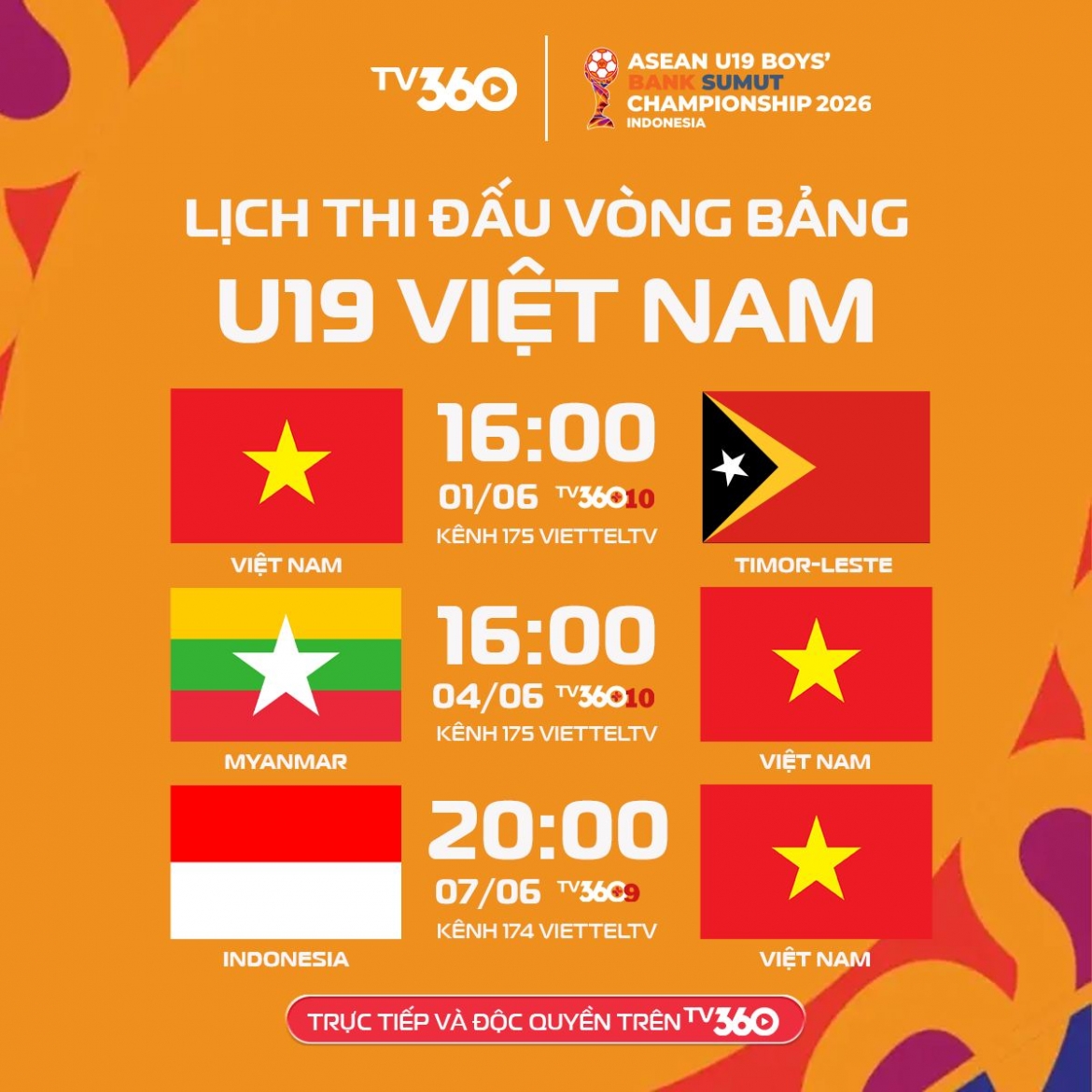 Quý độc giả có thể xem trực tiếp U19 Việt Nam ở giải U19 Đông Nam Á 2026 trên TV360.