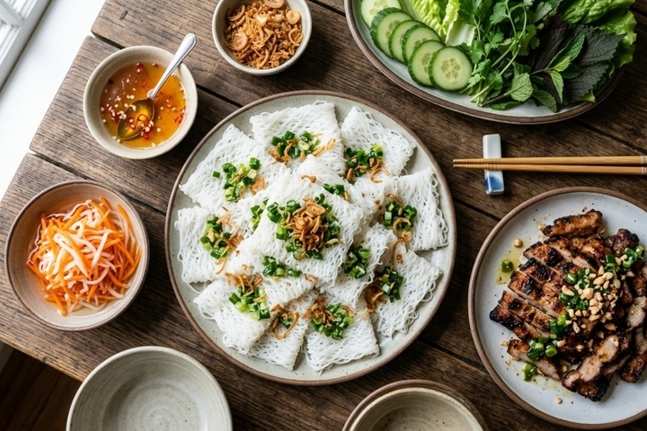 Sợi bánh hỏi nhỏ, trắng mịn, đan xen nhau như tấm lưới. Bánh thường được phết mỡ hành, ăn kèm thịt heo quay, lòng heo, thịt nướng, cùng nước mắm chua ngọt