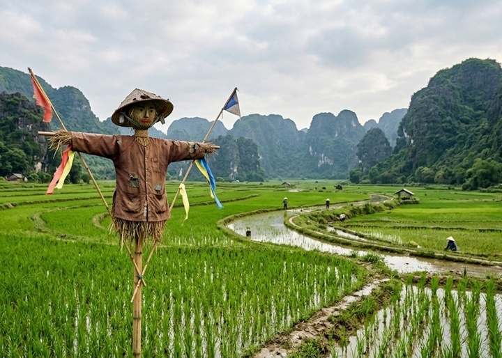 Bù nhìn được tạo ra để bảo vệ mùa màng. (Ảnh: AT)