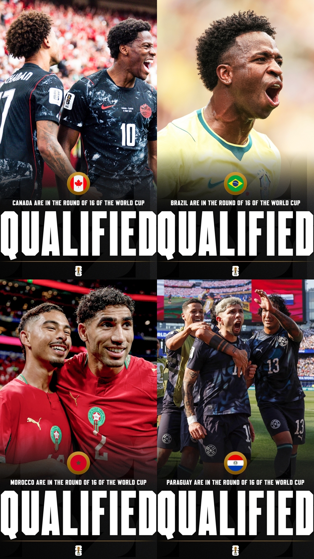 Xác định 4 cái tên đầu tiên góp mặt ở vòng 16 đội World Cup 2026 gồm Canada, Brazil, Paraguay và Morocco.
