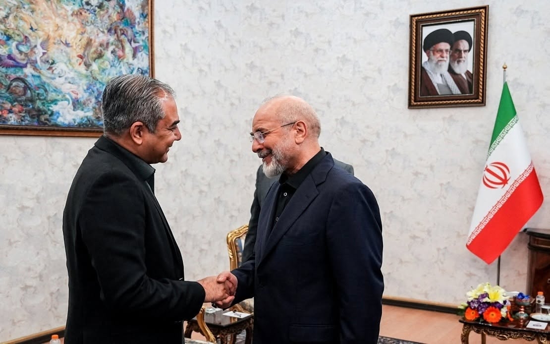 Bộ trưởng Nội vụ Pakistan Mohsin Naqvi trong cuộc gặp Chủ tịch Quốc hội Iran Mohammad Ghalibaf hôm 17/3. Ảnh: Reuters