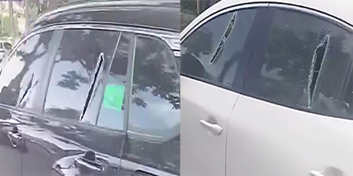 Hàng loạt ô tô bị chém vỡ kính. (Ảnh: Cắt từ clip)